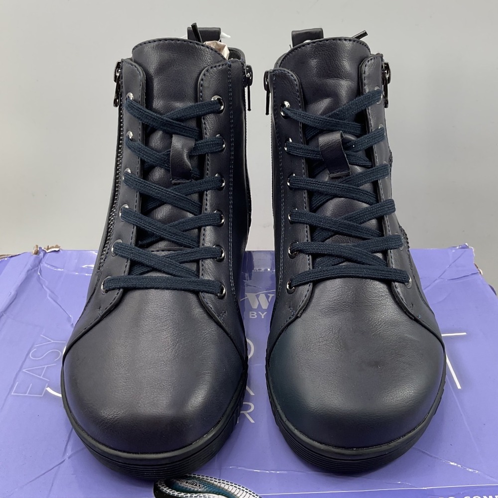 Easy Works by Easy Street Womens 8 W Navy Blue Zip Lace Up Work Boots 20-1200